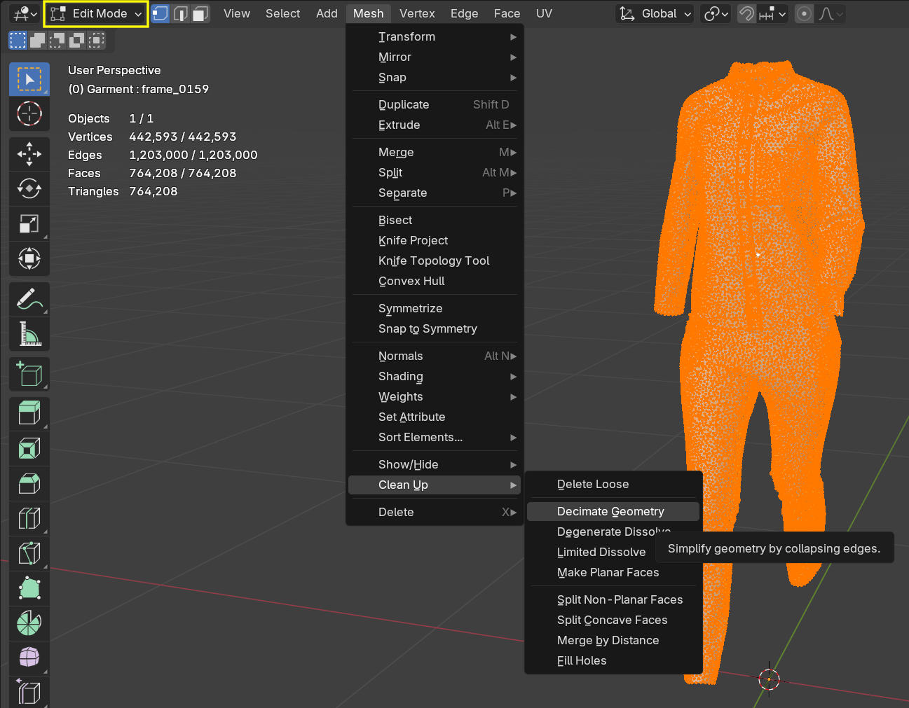 Decimate Geomertry in Blender Edit Mode