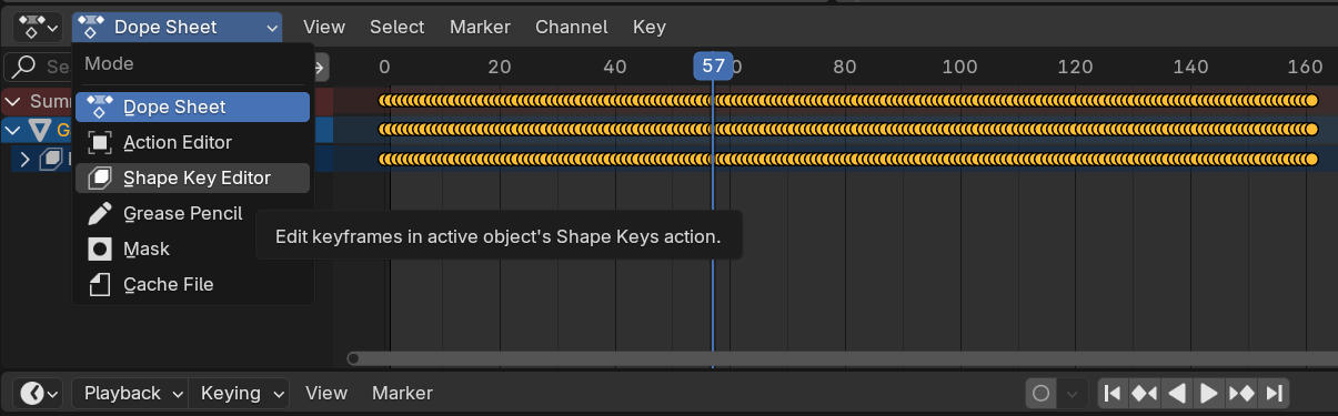 Switching from dope sheet to shape key editor in Blender