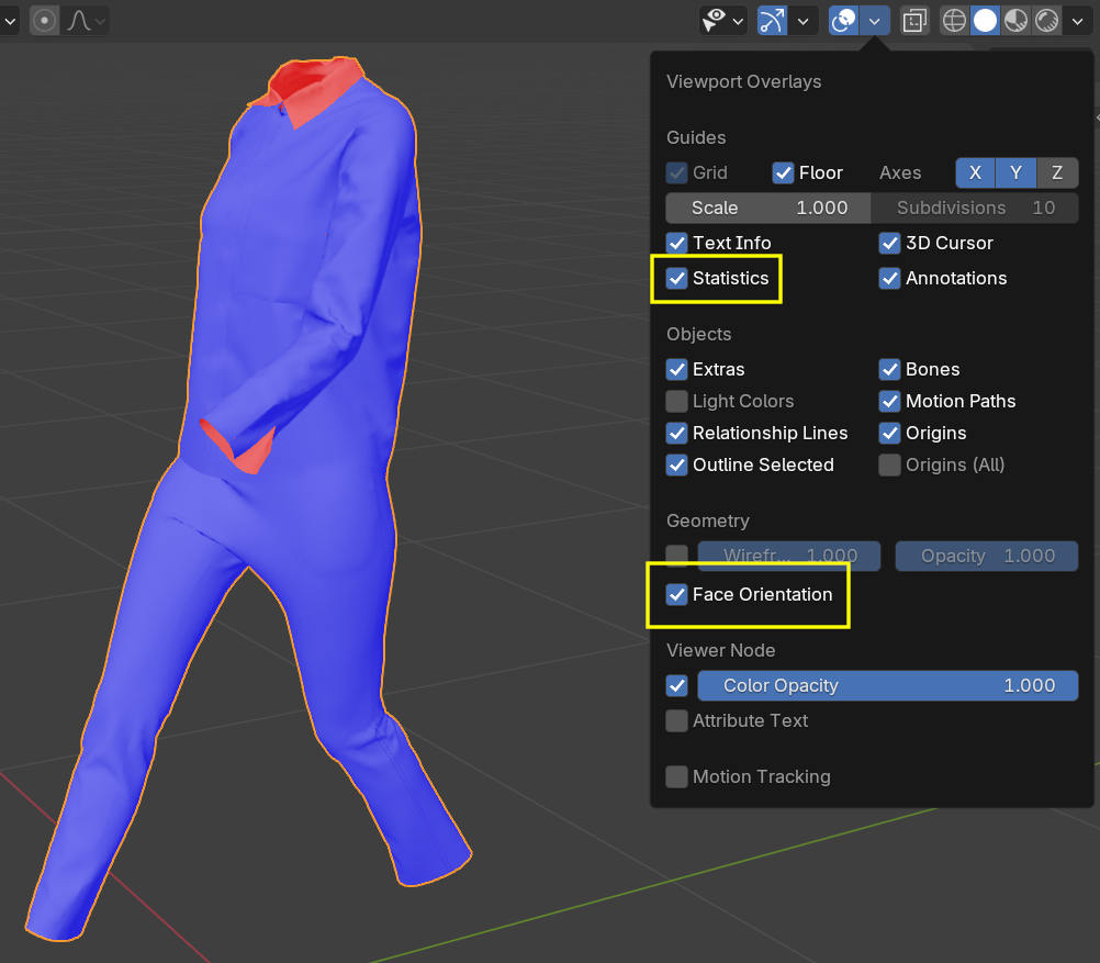 blender viewport overlays statics and face orientation