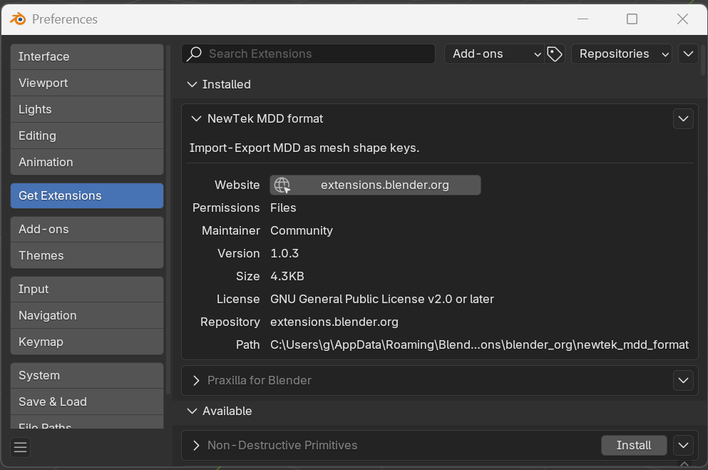 blender user preferences get extensions newtek mdd 