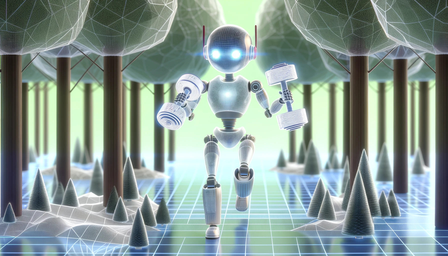 Robot Training in a Forest Wireframe AI generated